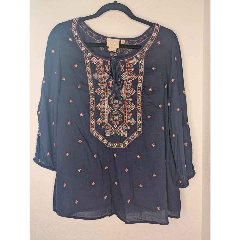 Anthropologie Embroidered Blouse Bead Details Boho Navy L